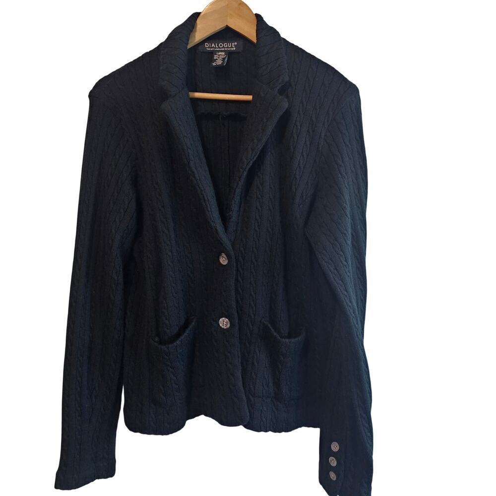 Dialogue Knit Cardigan Womens Lg Black Cable Knit Cottage Wool Button Up Preppy